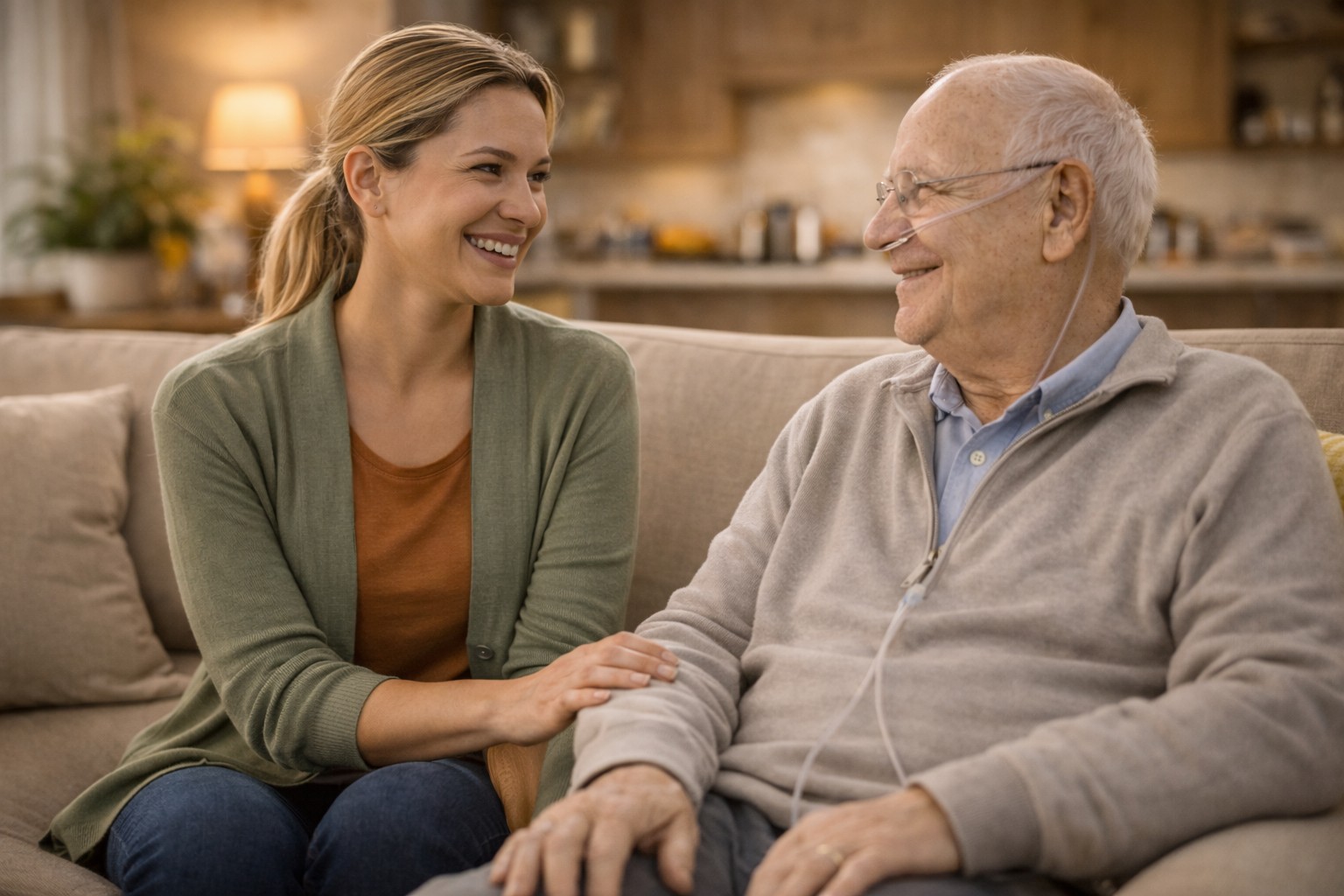 Two elderly friends sharing tea and laughter at a sunlit kitchen table