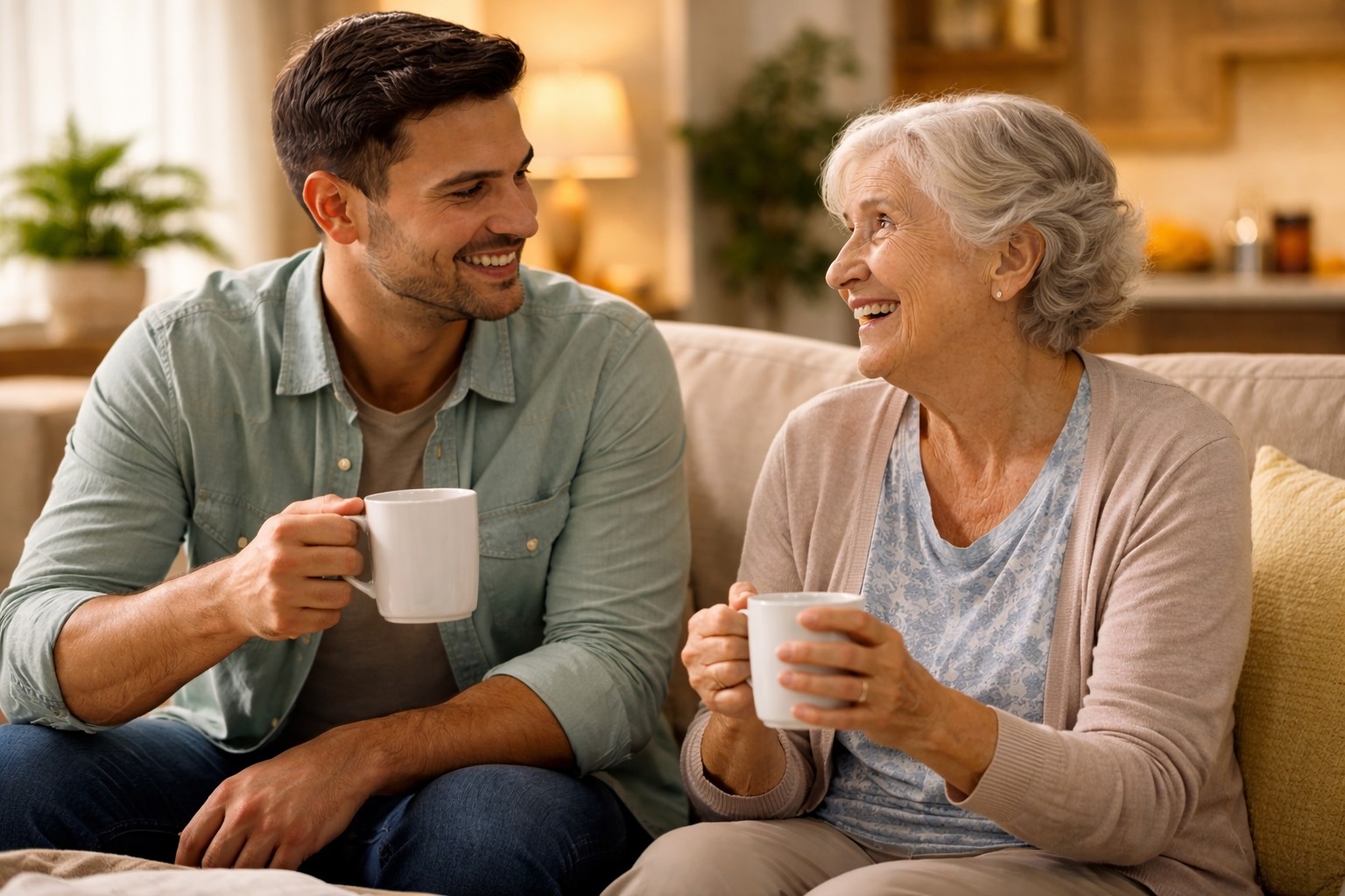 A companion and senior walking together through a peaceful park in autumn
