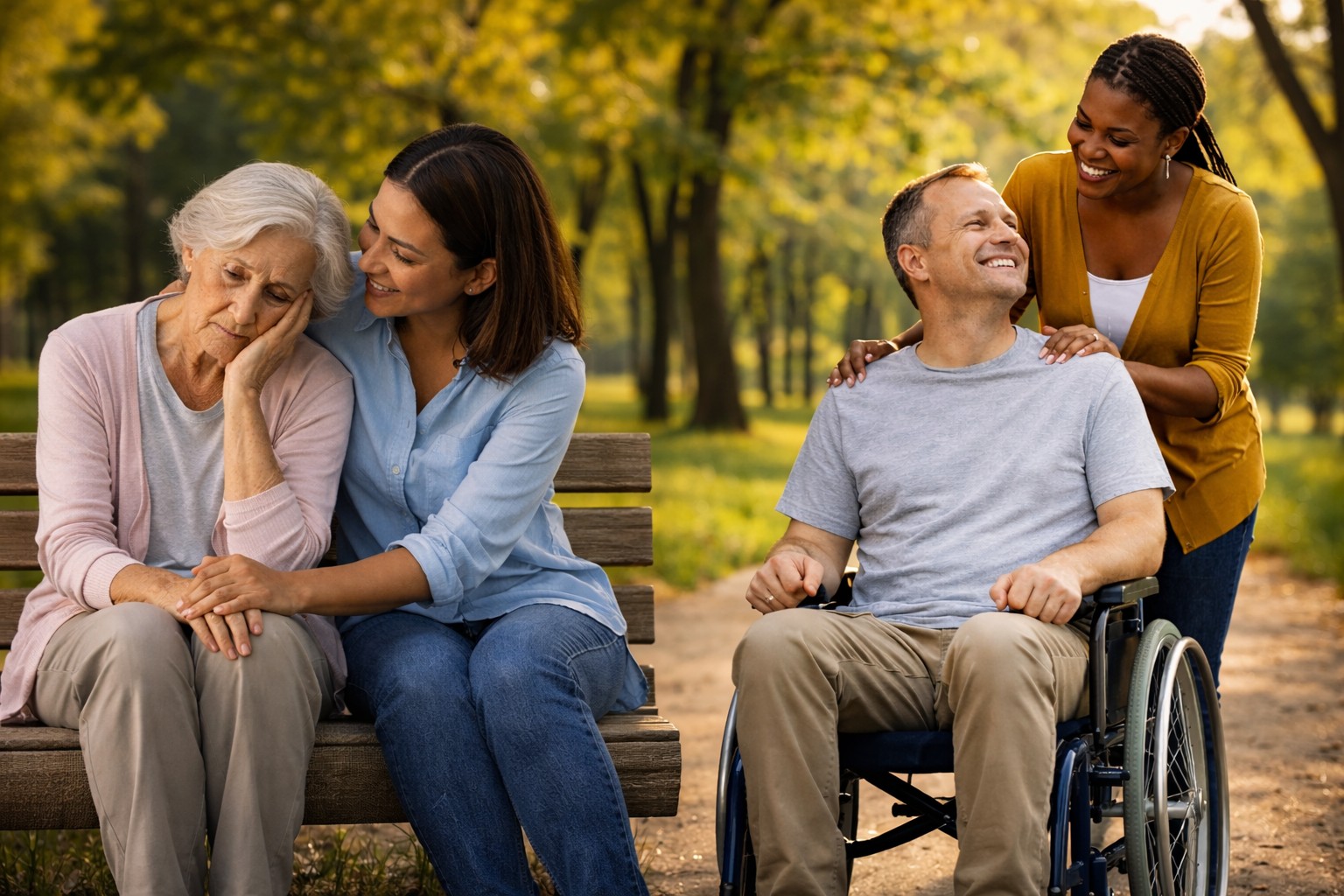 A young volunteer sitting with an elderly woman on a garden bench, sharing stories