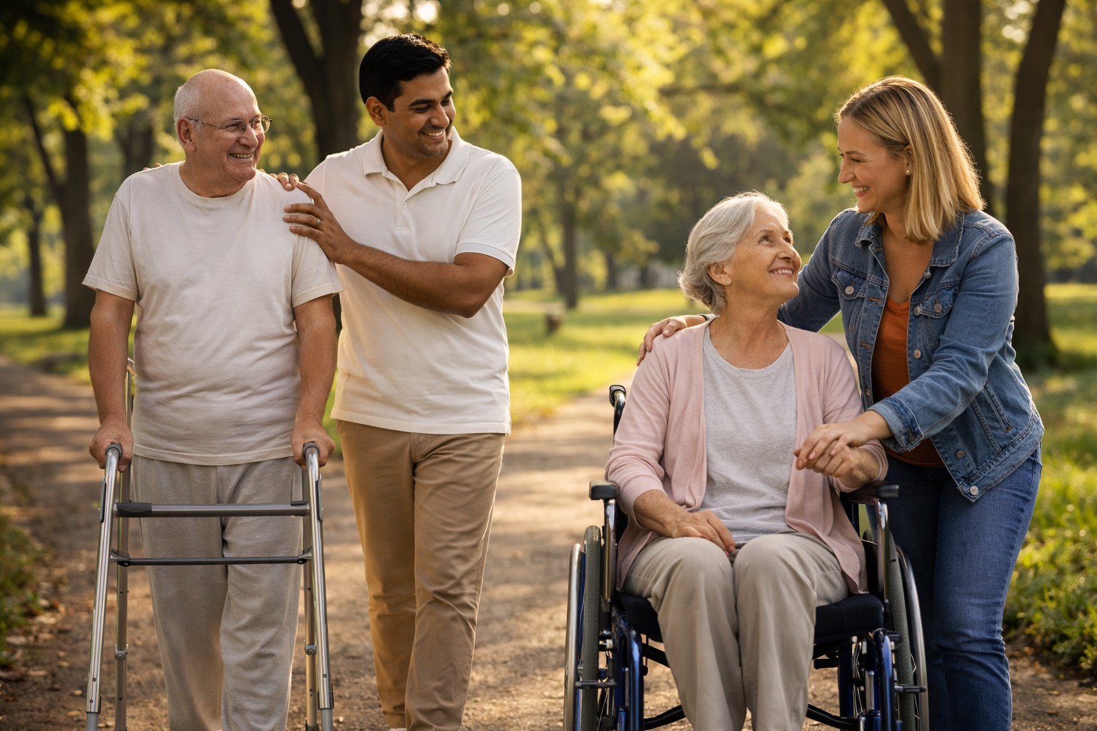 A companion helping a senior with gardening in a bright, welcoming backyard